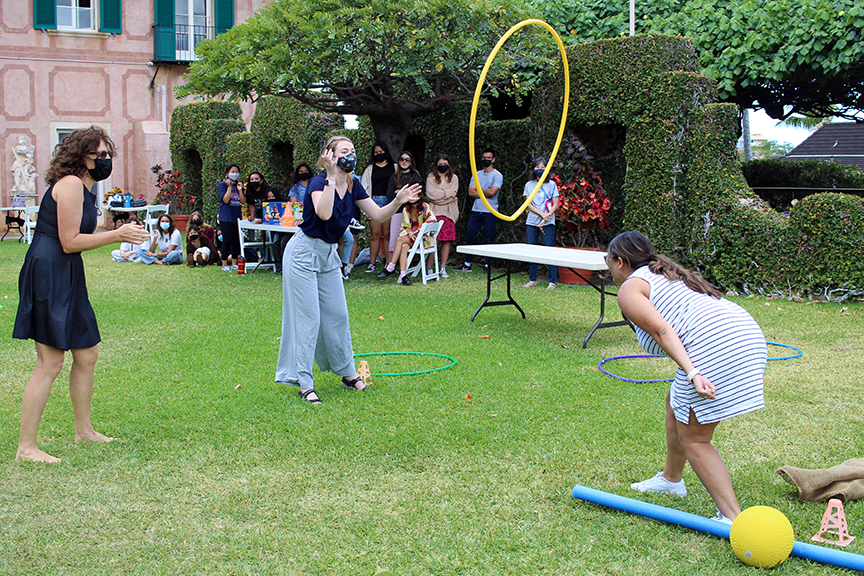 Faculty members Dr. Kane, Ms. Wiseman, and Mrs. Futoma join the obstacle course fun!