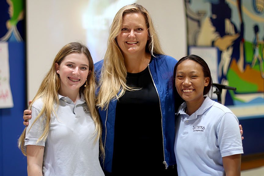 Students welcome Sarah Phelps, Director of Astronaut Experience at Blue Origin, during an all-school co-curr.