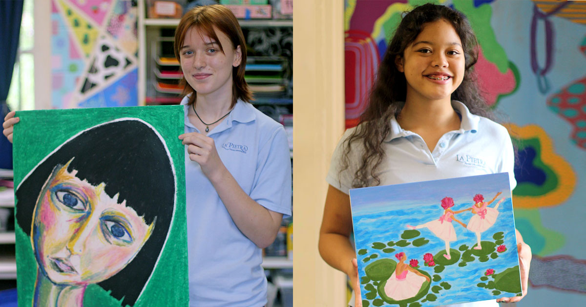 Student holding up an oil pastel portrait and another student holding a painting of dancers and lilies.